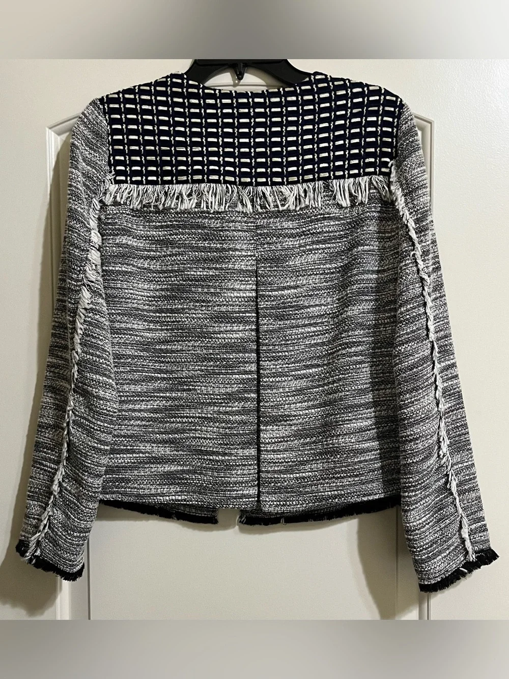 NEW Chico's Novelty Tweed Black White Blue Fringe Blazer Jacket Size Medium